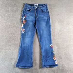 TELEPATIA Womens Blue Flare Jeans Floral Embroidered Stretch Bootcut Size 7